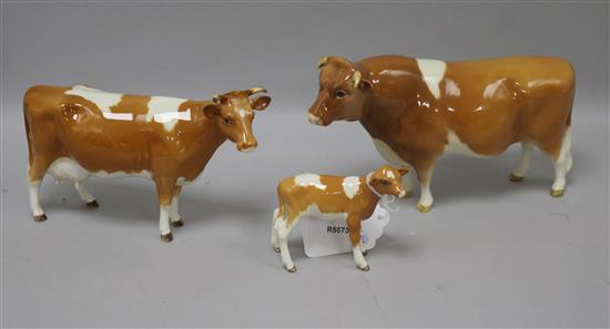 A Beswick Guernsey cattle family, comprising bull 1451, cow 1248A (separate horns) and calf 1240A, gloss